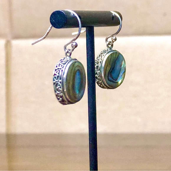ABALONE Cabochon Sterling Silver Drop Earrings With Scrollwork Around The Bezel - Picture 4 of 10